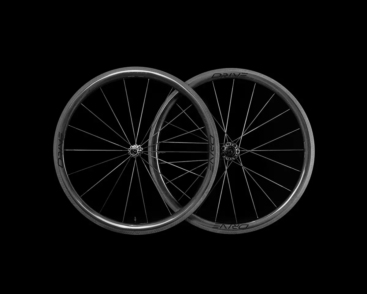 Drive 40V rim brake carbon spoke wheelset black